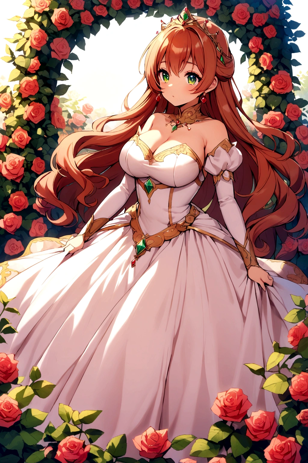 A princess busty light-skinned girl with green eyes and reddish-brown hair wearing a princess dress while in a rose garden