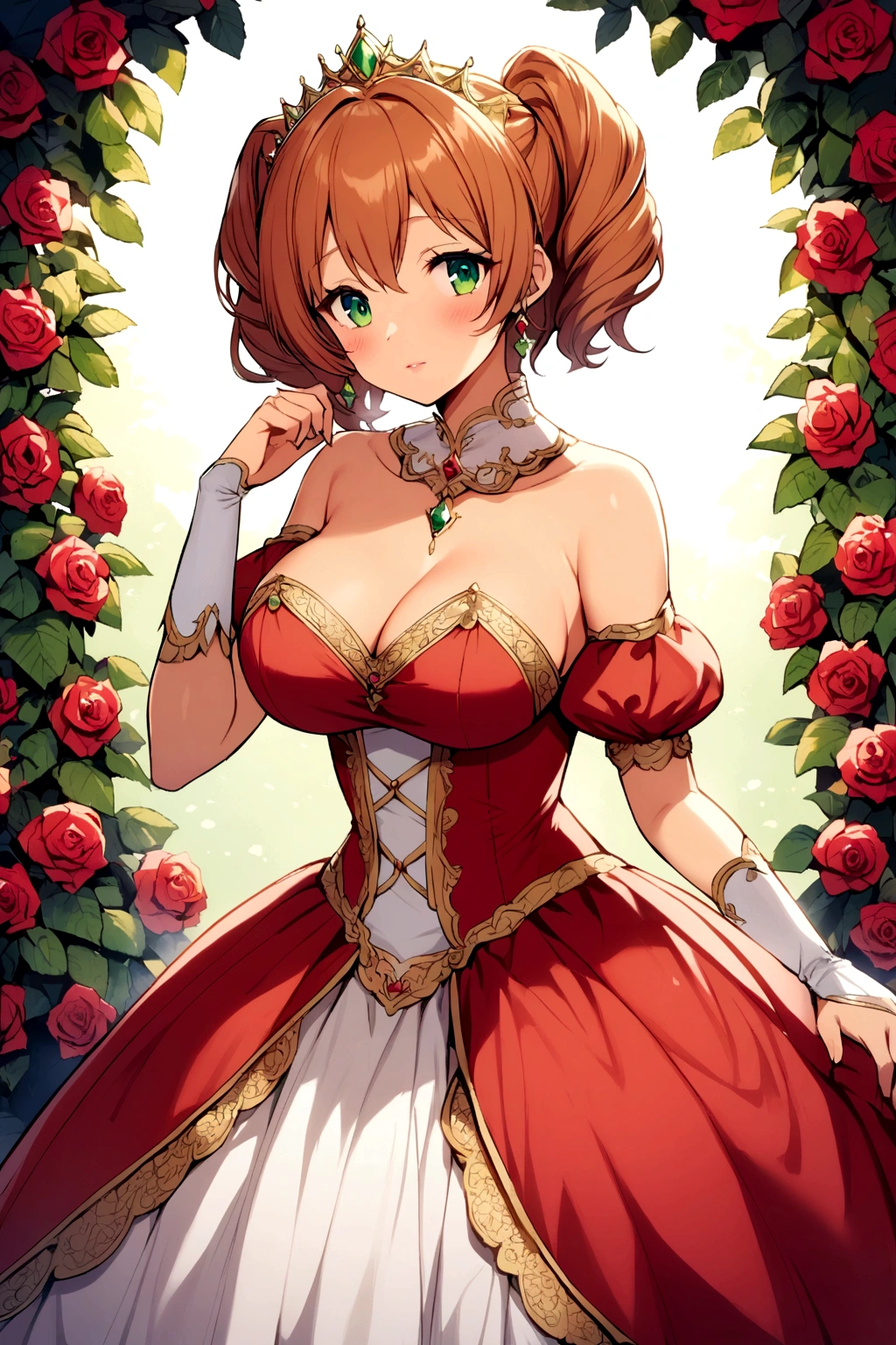 A princess busty light-skinned girl with green eyes and reddish-brown hair wearing a princess dress while in a rose garden