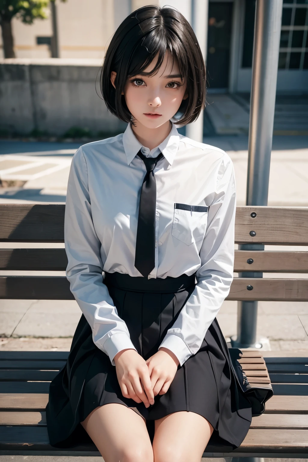 a beautiful girl, 17, short tomboy hair, wearing , sitting on a school bench, chatting with a beautiful girl with long smooth black hair wearing the same uniform talking to the girl. crowded classroom atmosphere. 3d realistic art.