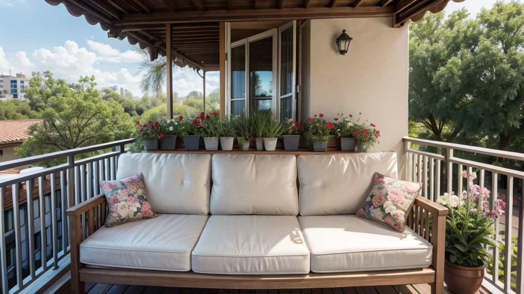 balcony with flowers, sofa