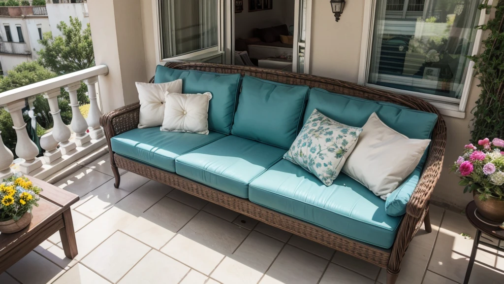 balcony with flowers, sofa