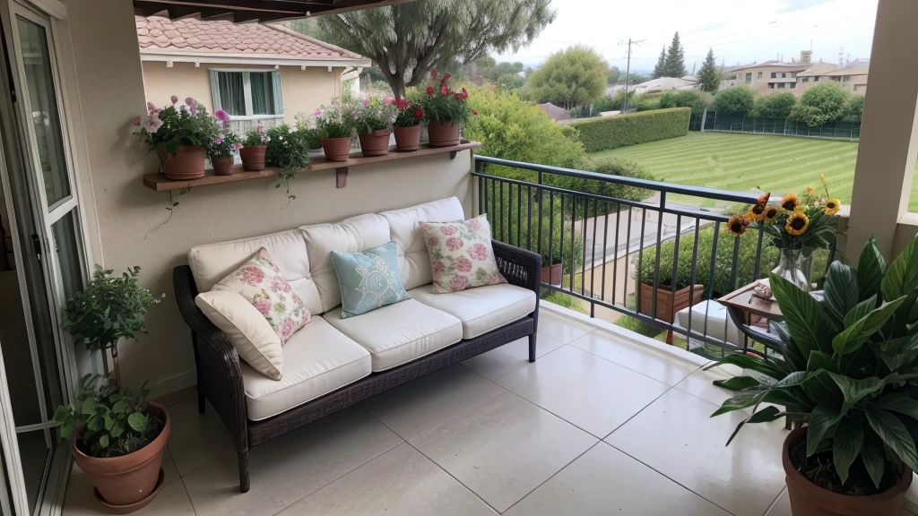 balcony with flowers, sofa