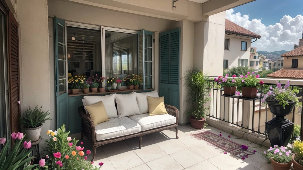 balcony with flowers, sofa