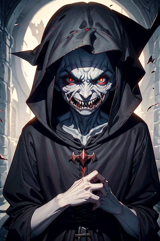 (good image quality) medieval ages, nosferatu, little boy, sharp teeth, monstrous face, alone, nighttime