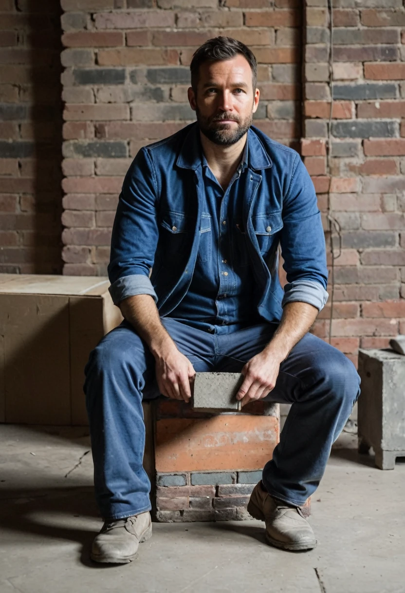 RAW photo, full body, a 35-year-old man, ((dressed as a bricklayer)), is sitting on a guest sofa, looking towards the audience, wearing shoes, with both hands forward on his knees, straight forward position,