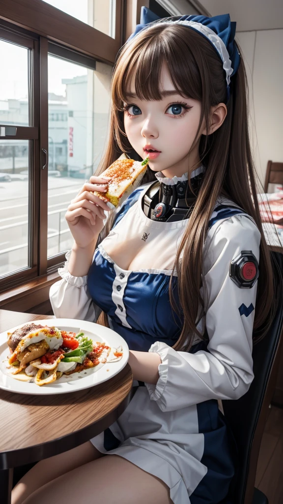 Robot girl woman with beautiful face sitting and eating mukbang .yummy . Lolita. Girl 18.Russian girl.