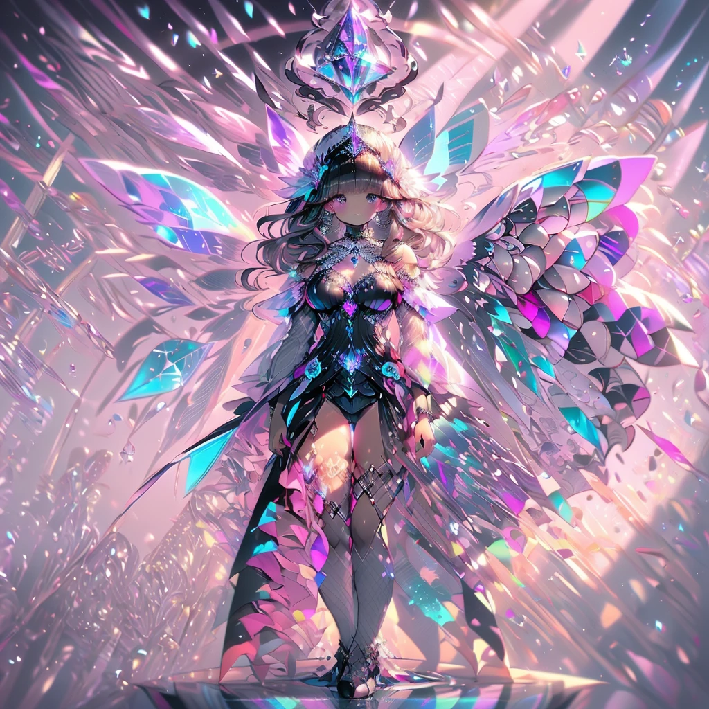 {pink and purple theme},Huge Crystal Wings, (huge and extremely giant crystal fairy wings:1.4, wings focus:1.2, in distant from viewer:1.4), ,1girl, solo, dress, beautiful crystal wings, sparkling, light particles, splendid, rainbow colors, galaxy, (ultra-wide shot:1.3), feet out of frame, masterpiece, ultra detailed, crystal, crystals fantasy, crystal, mirrornun,