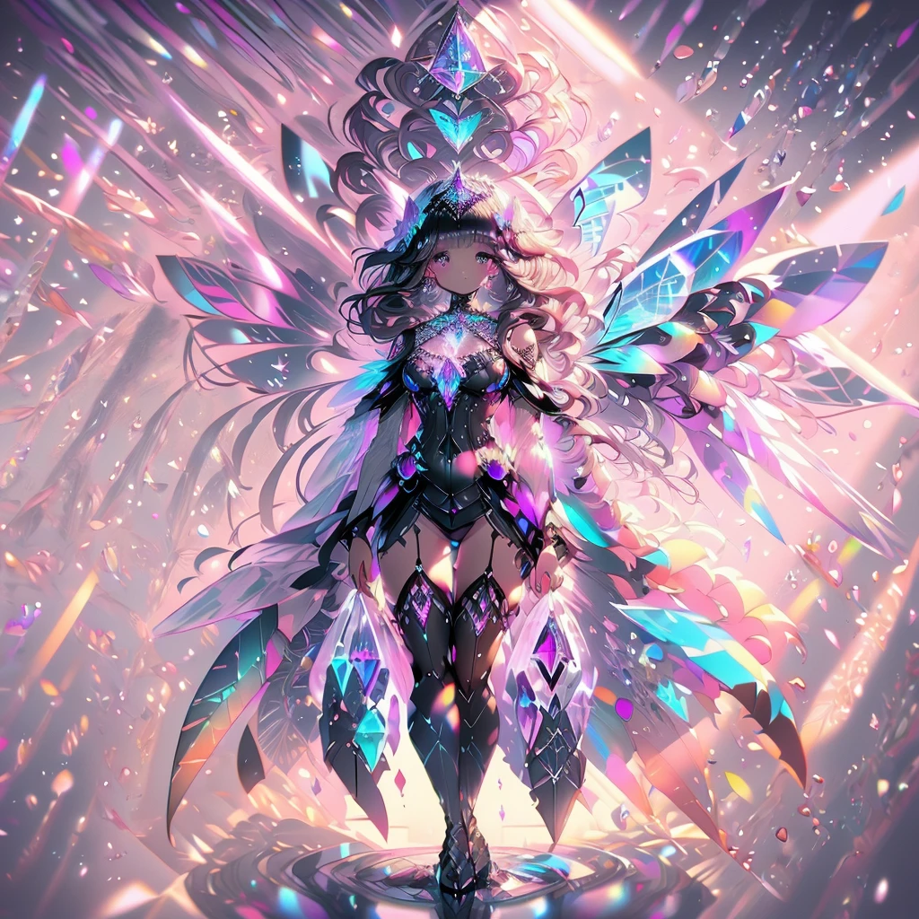 {pink and purple theme},Huge Crystal Wings, (huge and extremely giant crystal fairy wings:1.4, wings focus:1.2, in distant from viewer:1.4), ,1girl, solo, dress, beautiful crystal wings, sparkling, light particles, splendid, rainbow colors, galaxy, (ultra-wide shot:1.3), feet out of frame, masterpiece, ultra detailed, crystal, crystals fantasy, crystal, mirrornun,