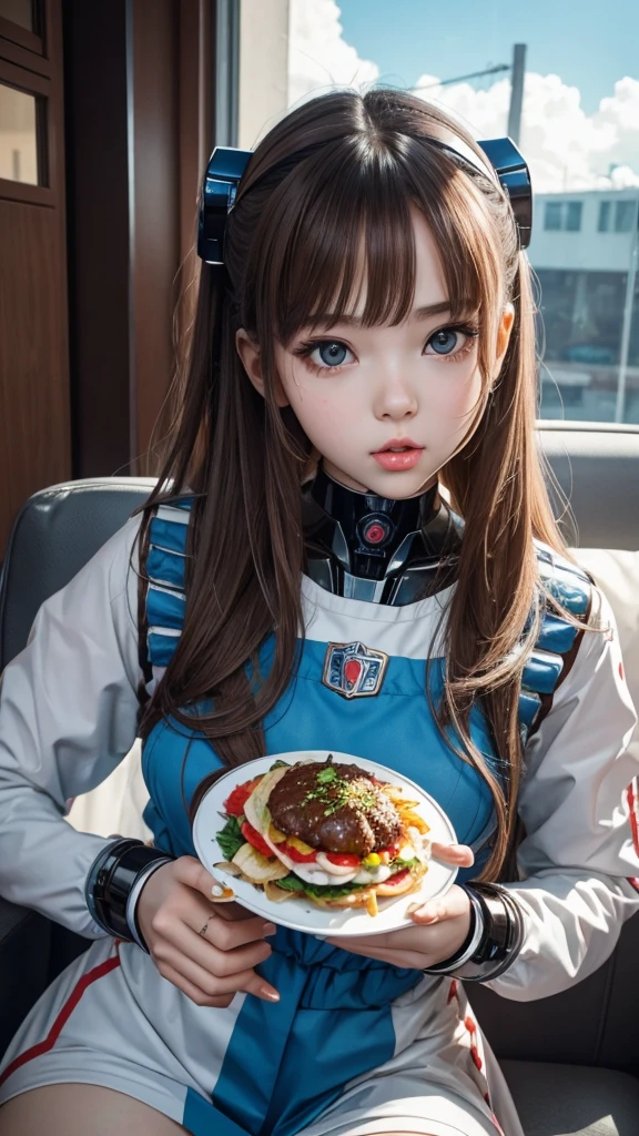 Robot girl woman with beautiful face sitting and eating mukbang .yummy . ta. Girl 18.Russian girl.