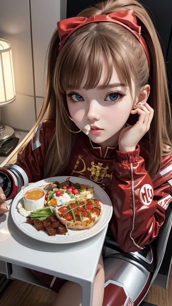Robot girl woman with beautiful face sitting and eating mukbang .yummy . ta. Girl 18.Russian girl.