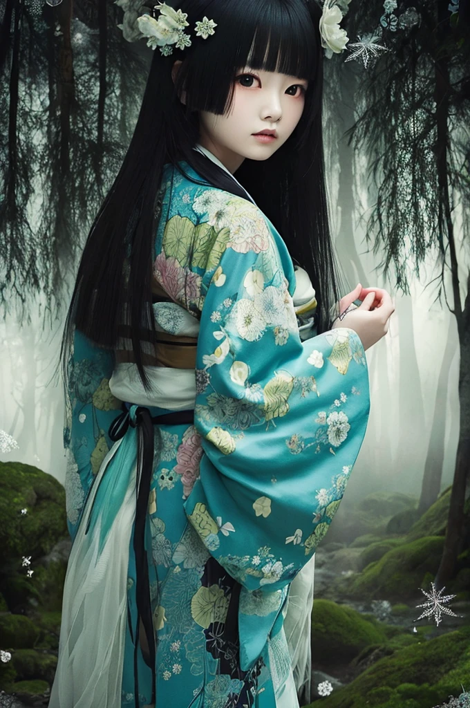 Thick Fog、kimono、woman in a mythical forest, masterpiece, perfect face, intricate details, horror theme ghost, floating,