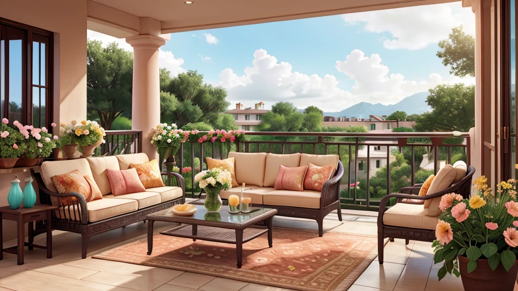 balcony with flowers, sofa
