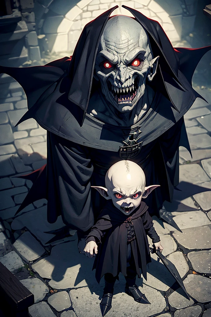 (good image quality) medieval ages, nosferatu, little boy, sharp teeth, monstrous face, alone, nighttime