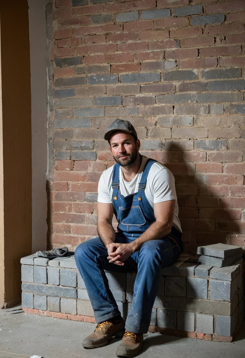 RAW photo, full body, a 35-year-old man, ((dressed as a bricklayer)), is sitting on a guest sofa, looking towards the audience, wearing shoes, with both hands forward on his knees, straight forward position,
