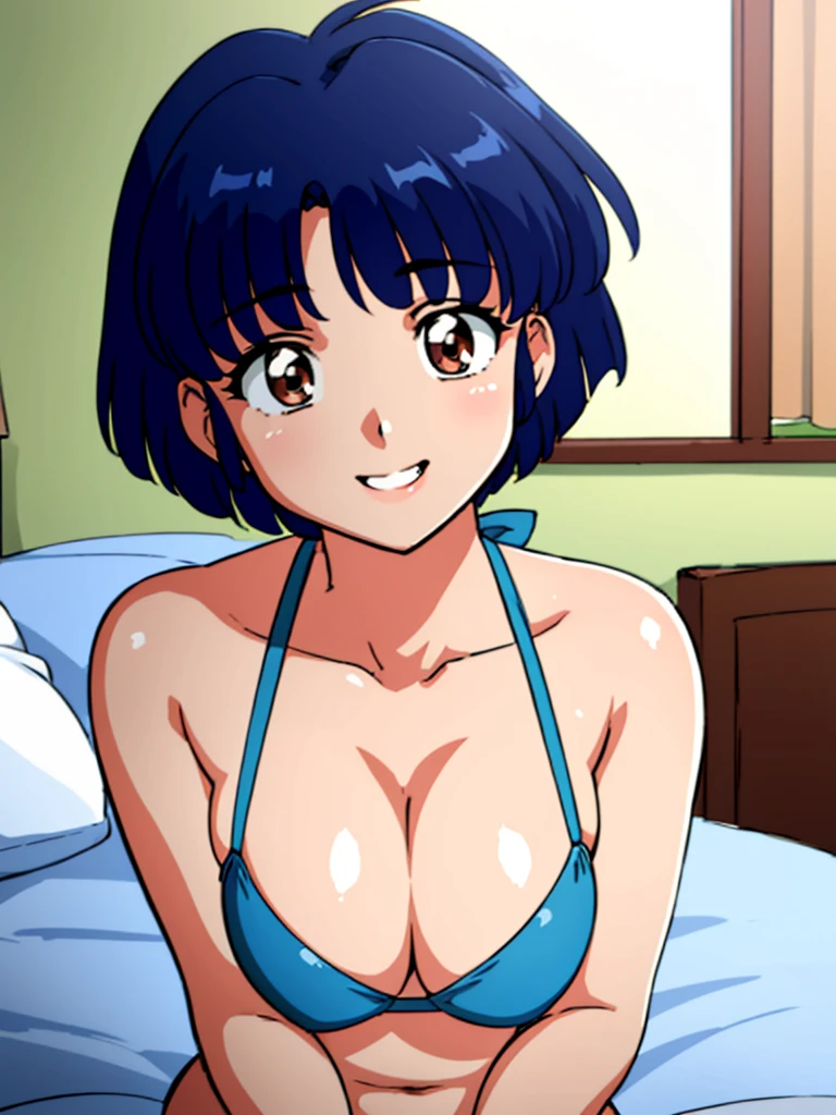 1girl, solo, cute, blush, (aroused), slim, black hair, twintails, short twintails, (on back, sleepy), cowboy shot, spread legs, large breasts, nude, nipples, trembling, bed, (perfect detailed anatomy, beautiful face&eyes, perfect body)