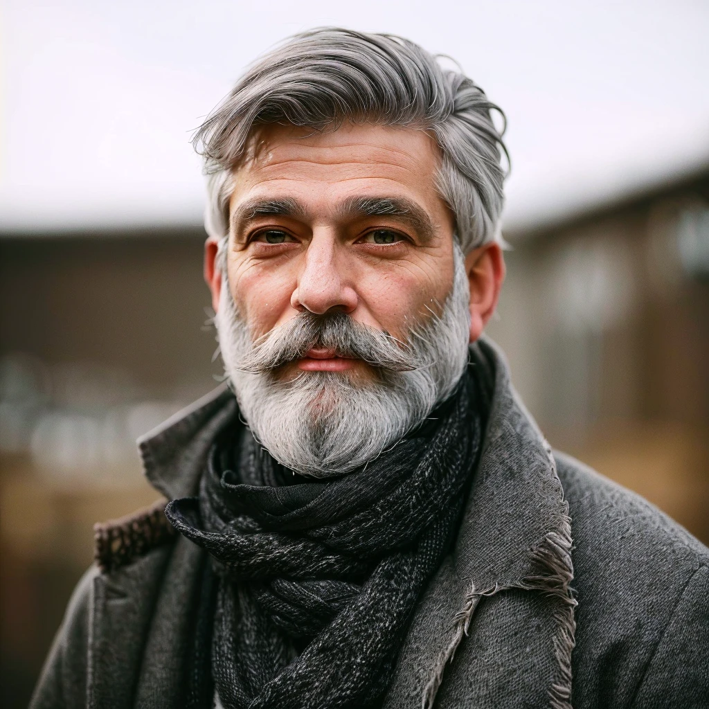 bushy man with beard and scarf, gray hair and beard, dark grey haired man, some grey hair in beard, short white beard, greybeard, silver hair and beard, he has a beard and gray hair, greybeard, well-groomed white beard and hair, white hair and beard, greybeard aparada, midle age man