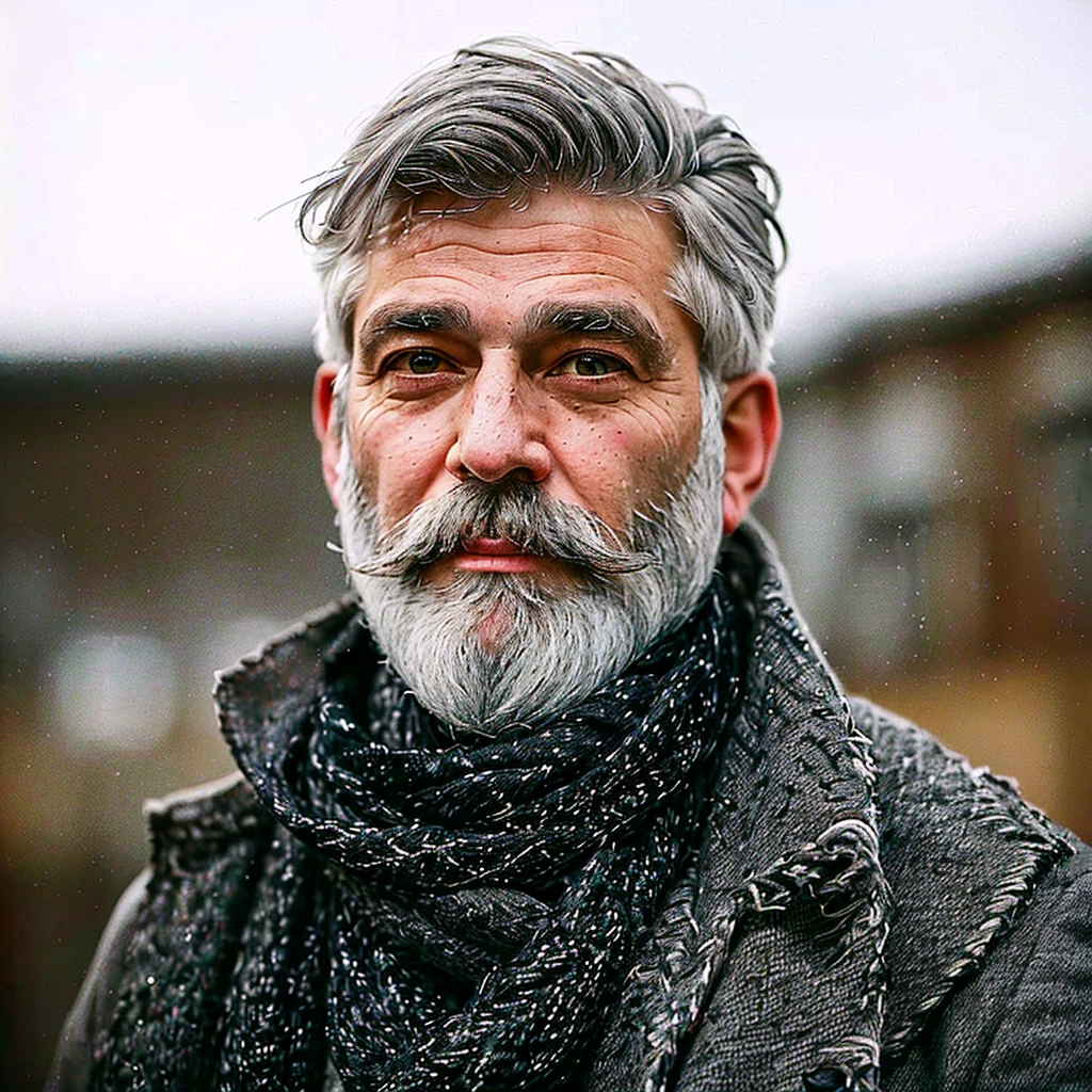 bushy man with beard and scarf, gray hair and beard, dark grey haired man, some grey hair in beard, short white beard, greybeard, silver hair and beard, he has a beard and gray hair, greybeard, well-groomed white beard and hair, white hair and beard, greybeard aparada, midle age man