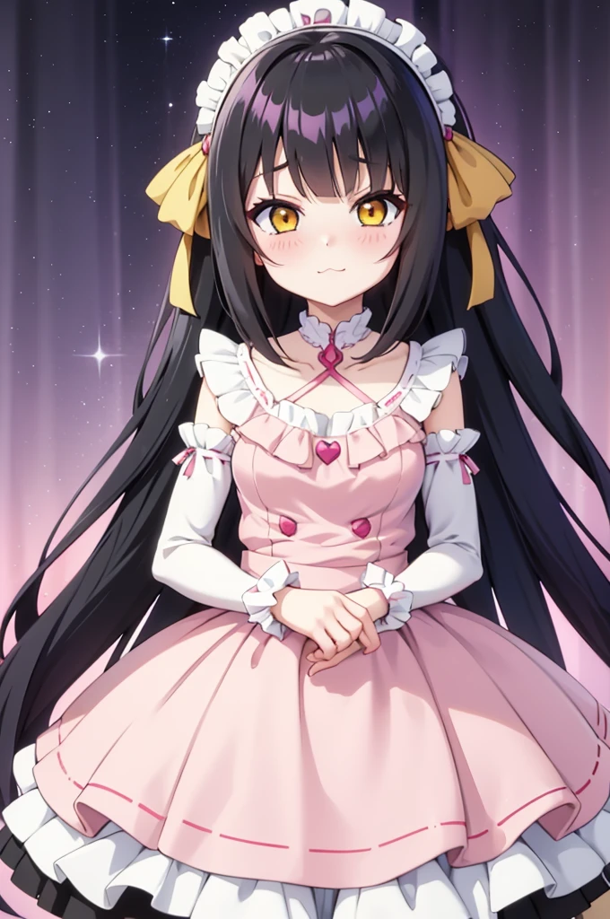 anime girl with long black hair and yellow eyes in a pink dress, anime moe artstyle, anime visual of a cute girl, smooth anime cg art, gapmoe yandere, yandere, anime best girl, cute anime girl, rin, (anime girl), young anime girl, pretty anime girl, by Jin Homura, cute anime waifu in a nice dress