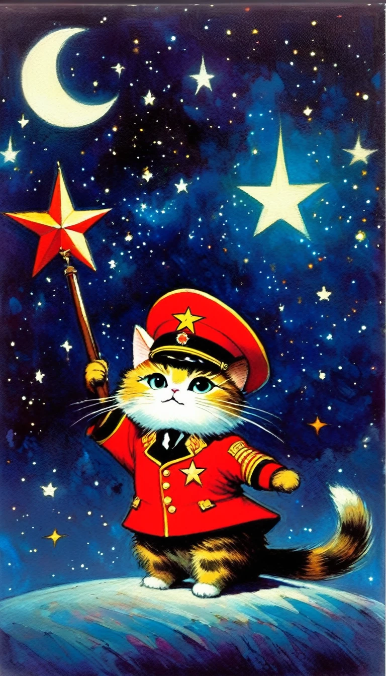 1communist cat, red star, magic, fantastic, night sky, moon, stars, background, (art inspired in Skottie Young and Bill Sienkiewicz). oil painting)
