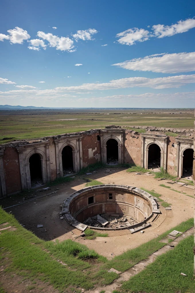 Destroyed and abandoned landscape with half destroyed buildings with small craters in some places 