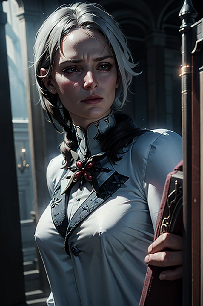 A adult muscle girl in realistic portrait of high quality and detail, 2000's movie style, french girl, dark and mysterious atmosphere, pale skin, glow, eye shadow, 1girl, thriller fantasy, Depth & Perspective, sadness on her face, short silver hair, She has black eyes with red cross-shaped pupils, Mystical powers, french old traditional clothes, fine face, standing on a hill, outside, the royal palace of the 19th century on the background, blue sky, white cloud, looking at viewer, (ultra-high detail:1.2), Masterpiece, Best Quality, Ultra-detailed, Cinematic lighting, 8K, delicate features, cinematic, 35 mm lens, f/1.9, highlight lighting, global lighting –uplight –v 4, cinematic, intense gaze, Cinematic lighting, 8K, high quality, Highest Quality, (Solo Focus), (extremly intricate:1.3), (Realistic), dramatic, masterful, Analog style, (Film grain:1.5), (warm hue, cold tone), a close up of a person surrounded, destruction behind back