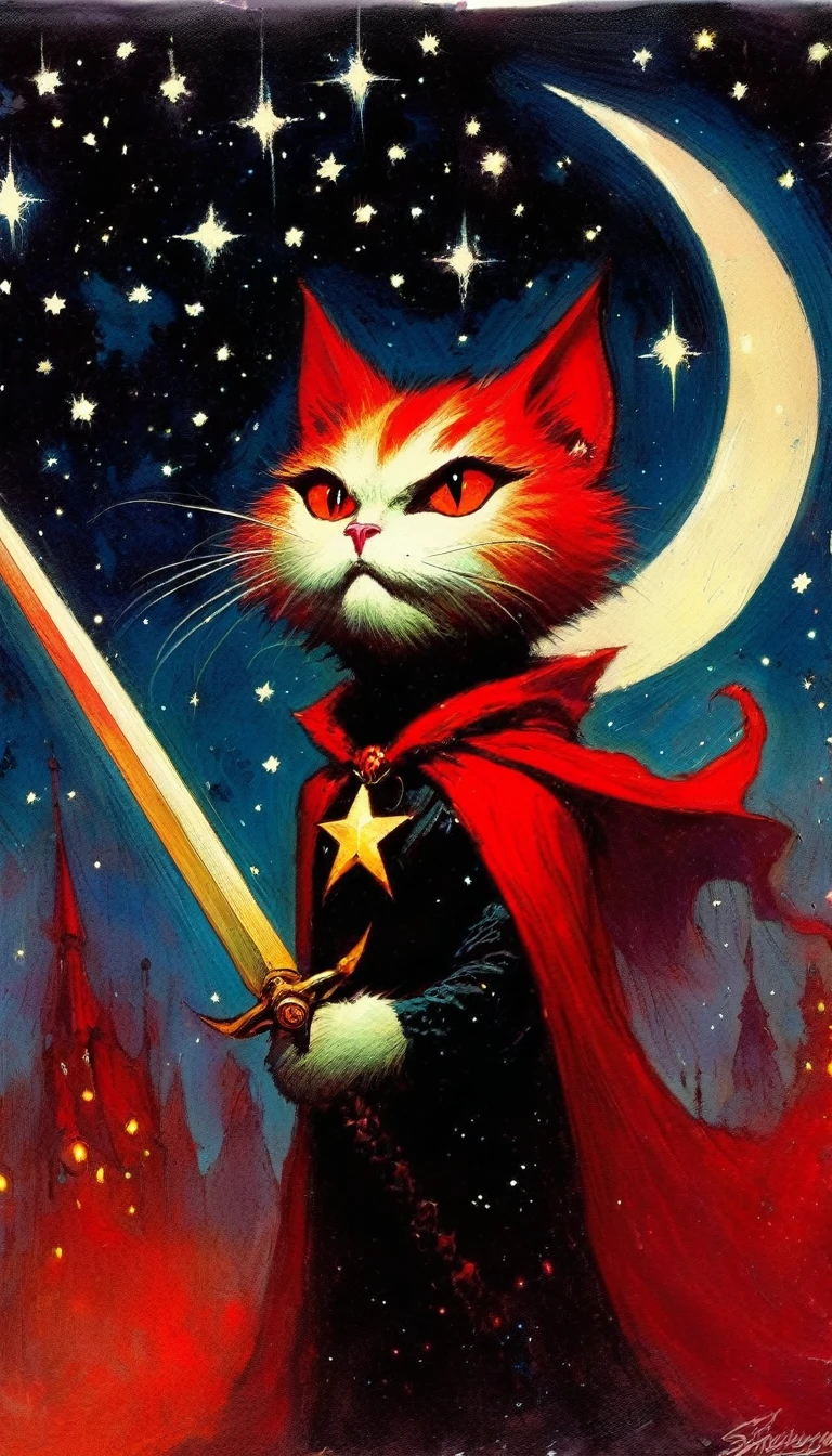 Satanic, fierce cat,, red star, magic, fantastic, night sky, moon, stars, background, (art inspired in Skottie Young and Bill Sienkiewicz). oil painting)
