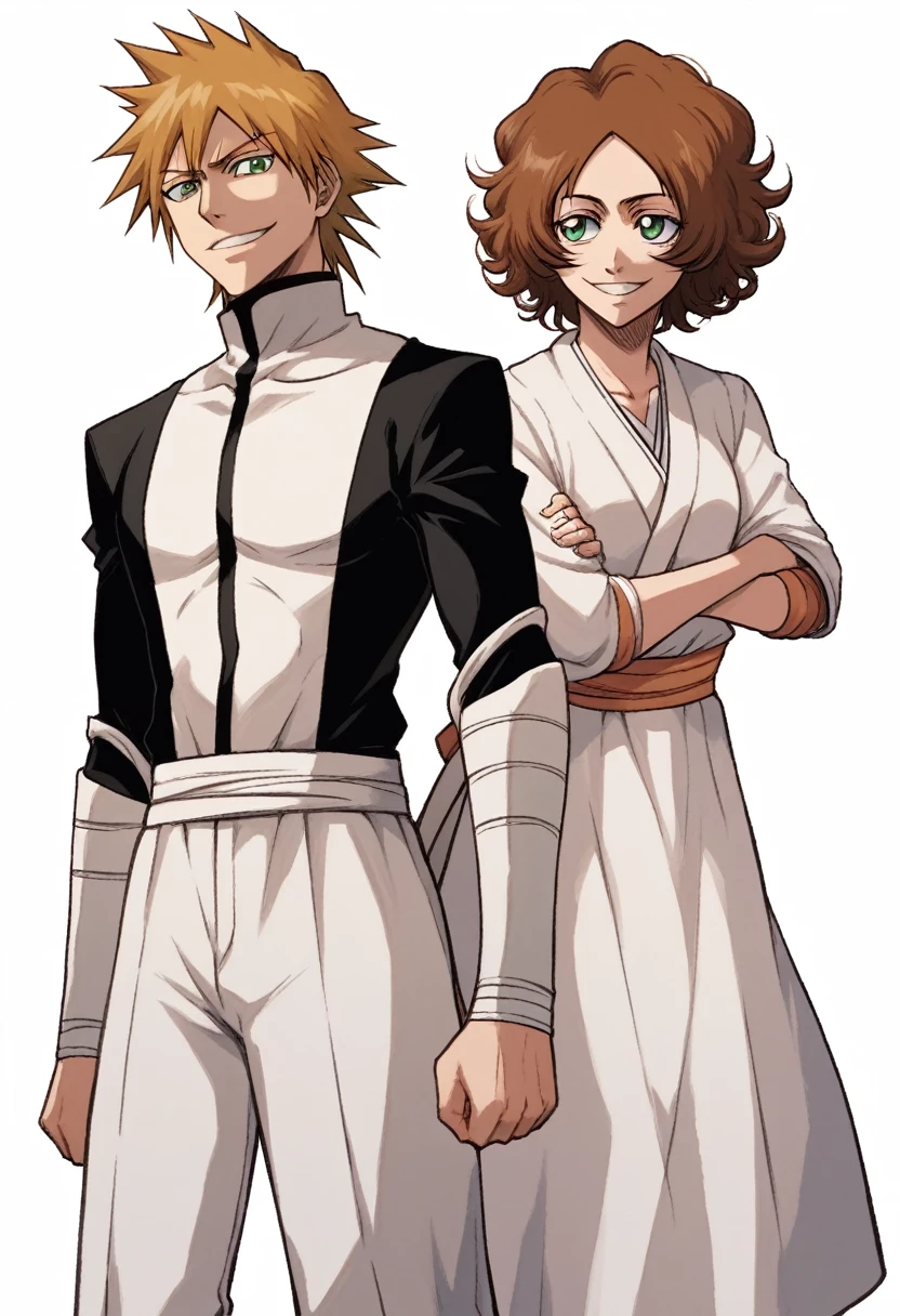 ((((white background)))), simple background, watercolor, 1 boy, standing, smile, mid-length curly hair, brown hair, light skin, green eyes, smug, teeth, front view, white outfit from bleach manga , bleach manga sword, score_9, score_8_up, score_7_up, score_6_up, score_5_up, score_4_up, BREAK source_anime, masterpiece