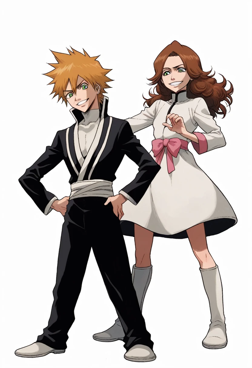 ((((white background)))), simple background, watercolor, 1 boy, standing, smile, mid-length curly hair, brown hair, light skin, green eyes, smug, teeth, front view, white outfit from bleach manga , bleach manga sword, score_9, score_8_up, score_7_up, score_6_up, score_5_up, score_4_up, BREAK source_anime, masterpiece