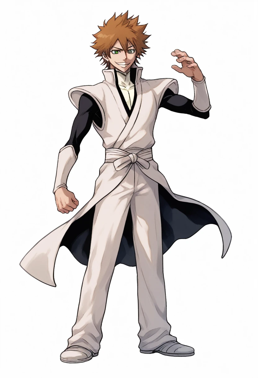 ((((white background)))), simple background, watercolor, 1 boy, standing, smile, mid-length curly hair, brown hair, light skin, green eyes, smug, teeth, front view, white outfit from bleach manga , bleach manga sword, score_9, score_8_up, score_7_up, score_6_up, score_5_up, score_4_up, BREAK source_anime, masterpiece