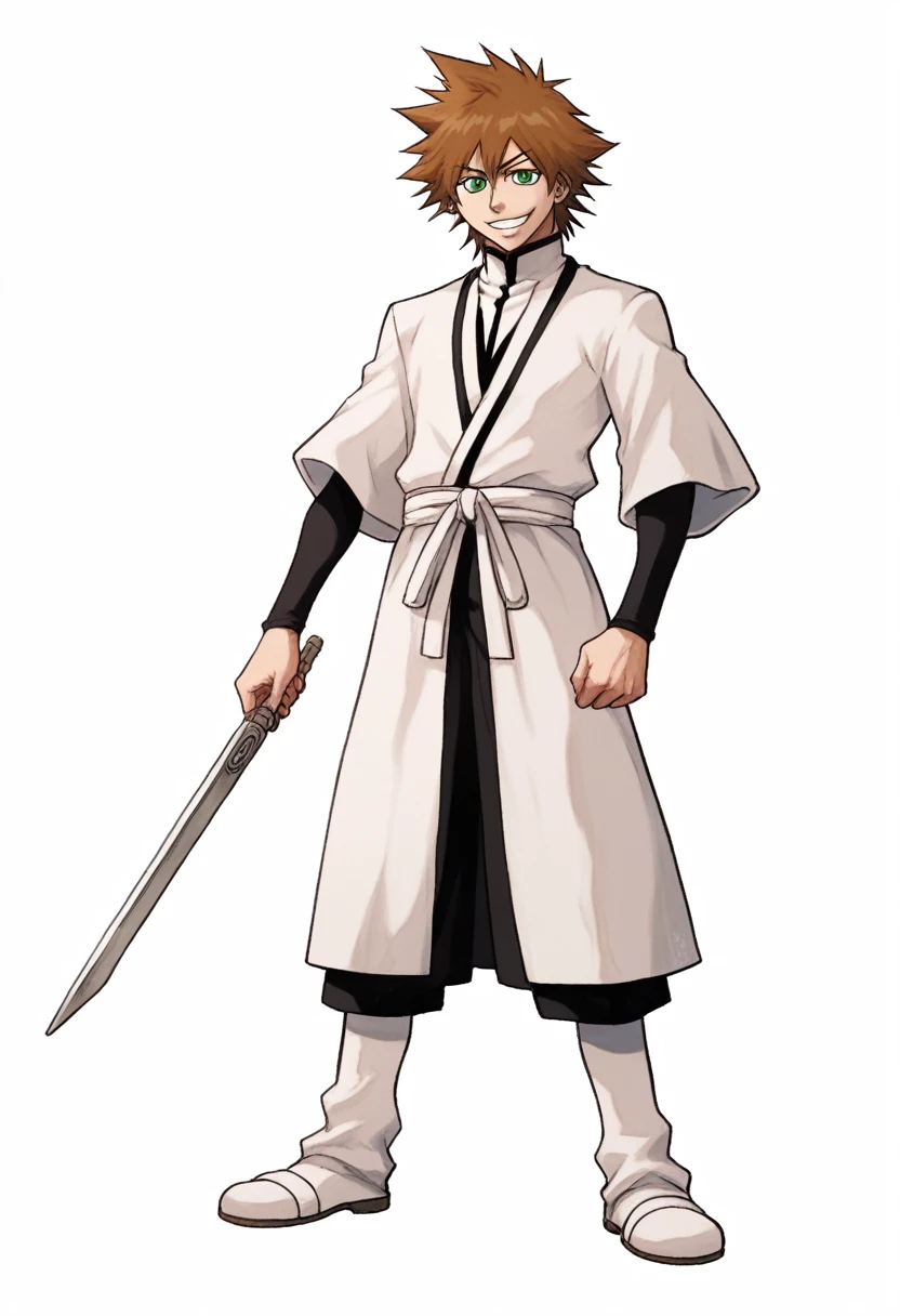 ((((white background)))), simple background, watercolor, 1 boy, standing, smile, mid-length curly hair, brown hair, light skin, green eyes, smug, teeth, front view, white outfit from bleach manga , bleach manga sword, score_9, score_8_up, score_7_up, score_6_up, score_5_up, score_4_up, BREAK source_anime, masterpiece