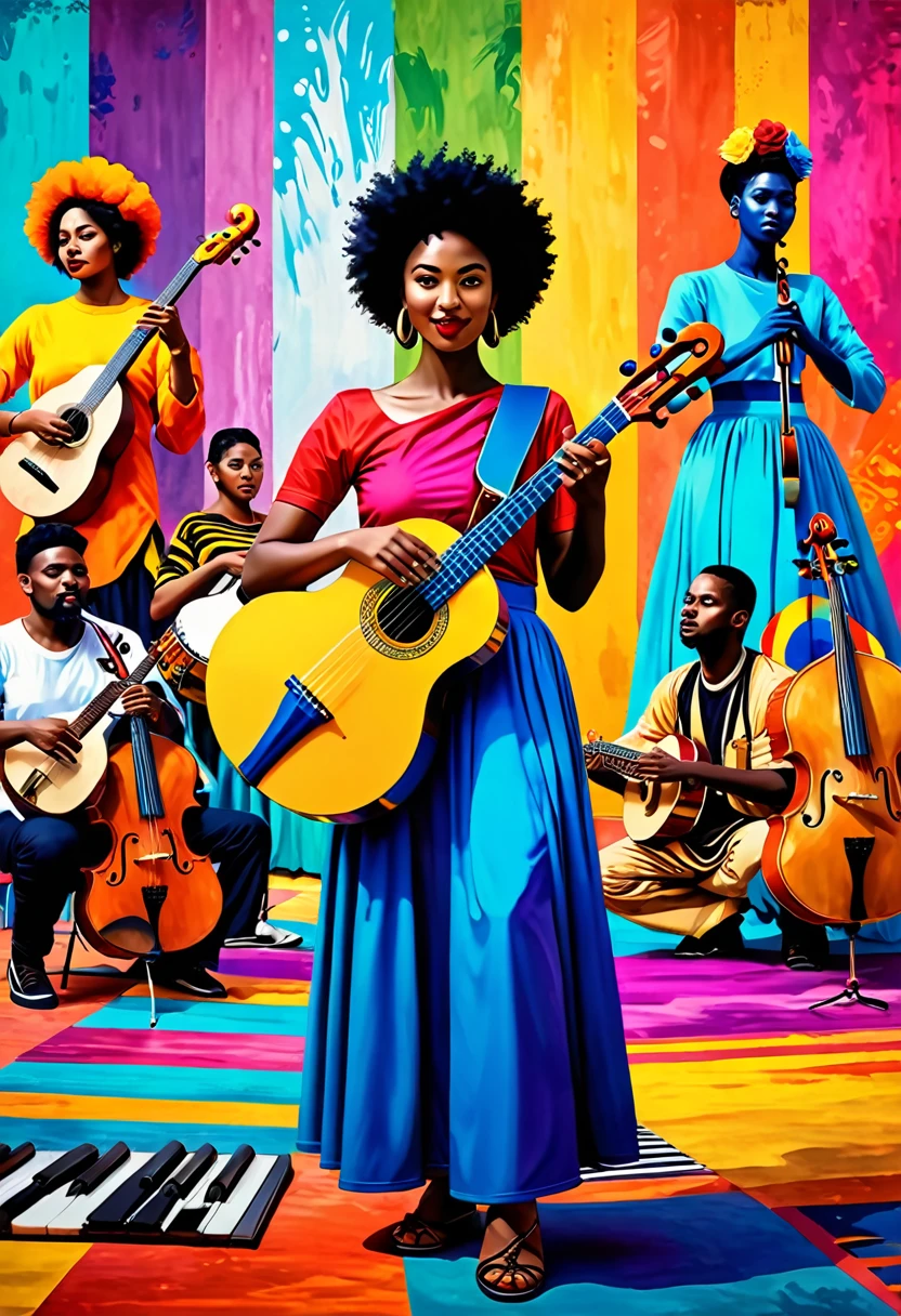 Diverse musicians from around the world, each representing a different genre, united in using their art to provoke social change, vibrant and expressive faces of musicians with various instruments, cultural attire, and backdrops representing different social causes, the environment is a blend of global cultural elements and symbols of activism, the mood is inspirational and empowering, Digital art, created with vivid colors and detailed expressions,
