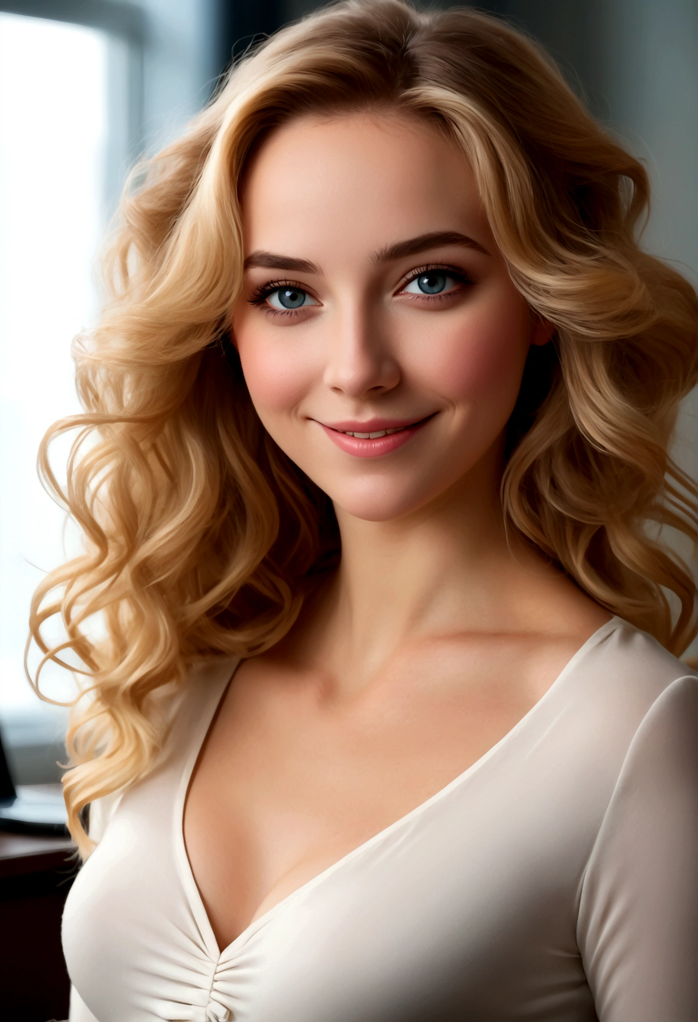 Professionnel, (Photo 4k:1.1) depuis (Jeremy Lipking:0.3), (Anna Dittmann:0.3), (Ariane Marc:0.3), (Netteté:1.3), haut niveau de détail, Beau, visage détaillé, des yeux noisette, cheveux dégradé effilé volumineux, (séduisant:1.1), (Rougir:1.1), forme du corps en sablier, gros rond gros, hanches larges et épaisses, , smiling séduisantly, joli visage, , cute séduisant smile, Beau blonde girl, bonne jeune fille, Belle angle, sac attrayant, gentille fille, pose sexy, Tout le corps picture, Tout le corps, Tout le corps shoot, white woman, , beauté renversante, dans un bureau entrain de travailler, tout le corps