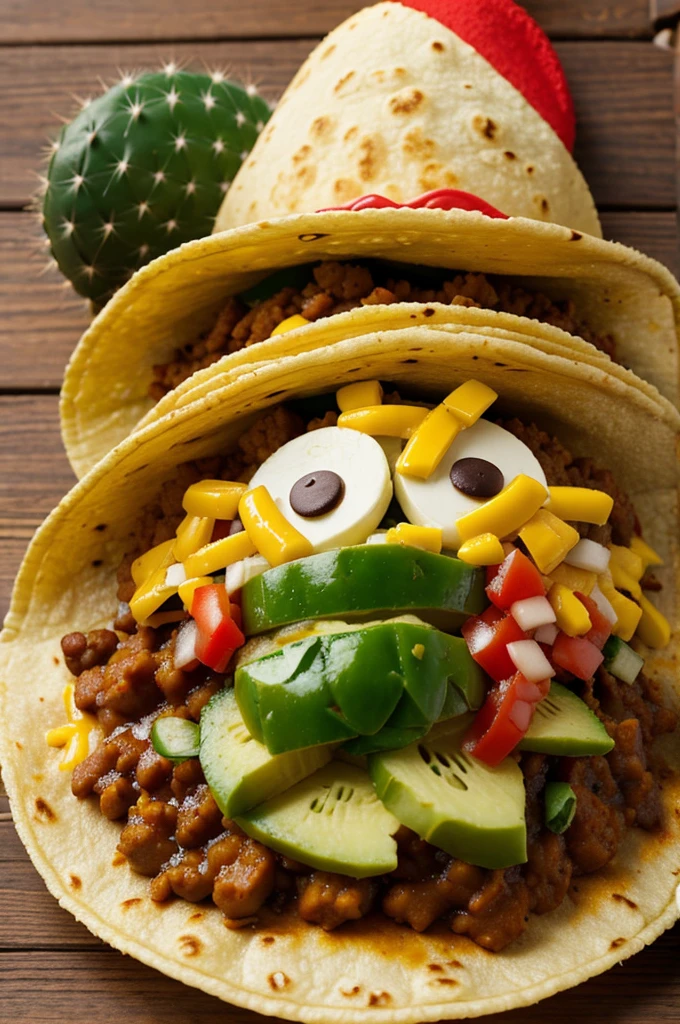 A cactus wearing a Mexican hat with a mustache looking very Mexican clutching some Mexican tacos 
