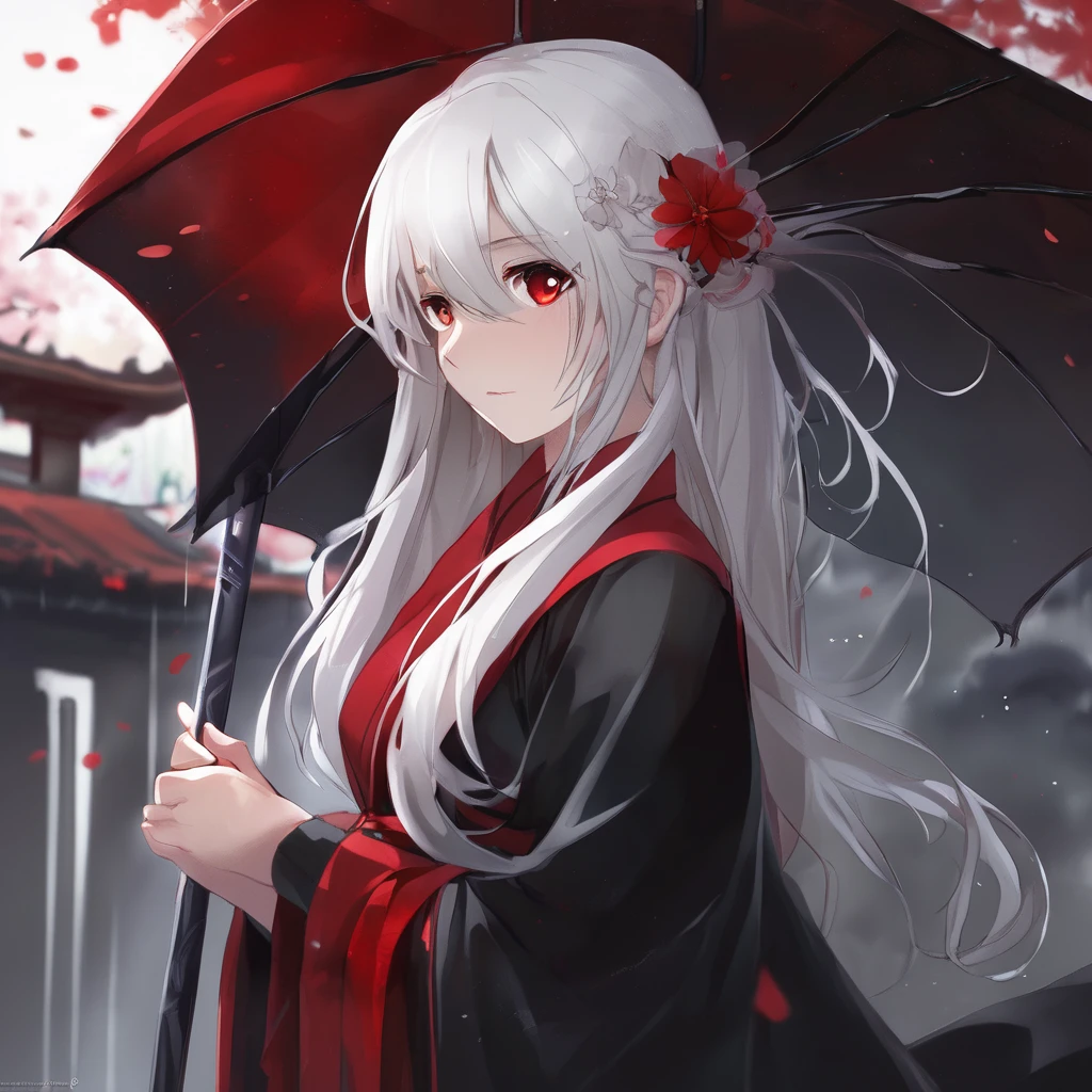 1 girl,standing alone,1 girl,standing alone,((beautiful detailed eyes)), (detailed light),Depth of field,(White hair),silver eyes,hair over one eye,(FLOWER RED ), hair flower,long hair,black robe,humida,Emotionless,Looking back,natta,looks stellar,raining,FOG,FLOWER REDs falling,outline,trunk,sombras intensas,