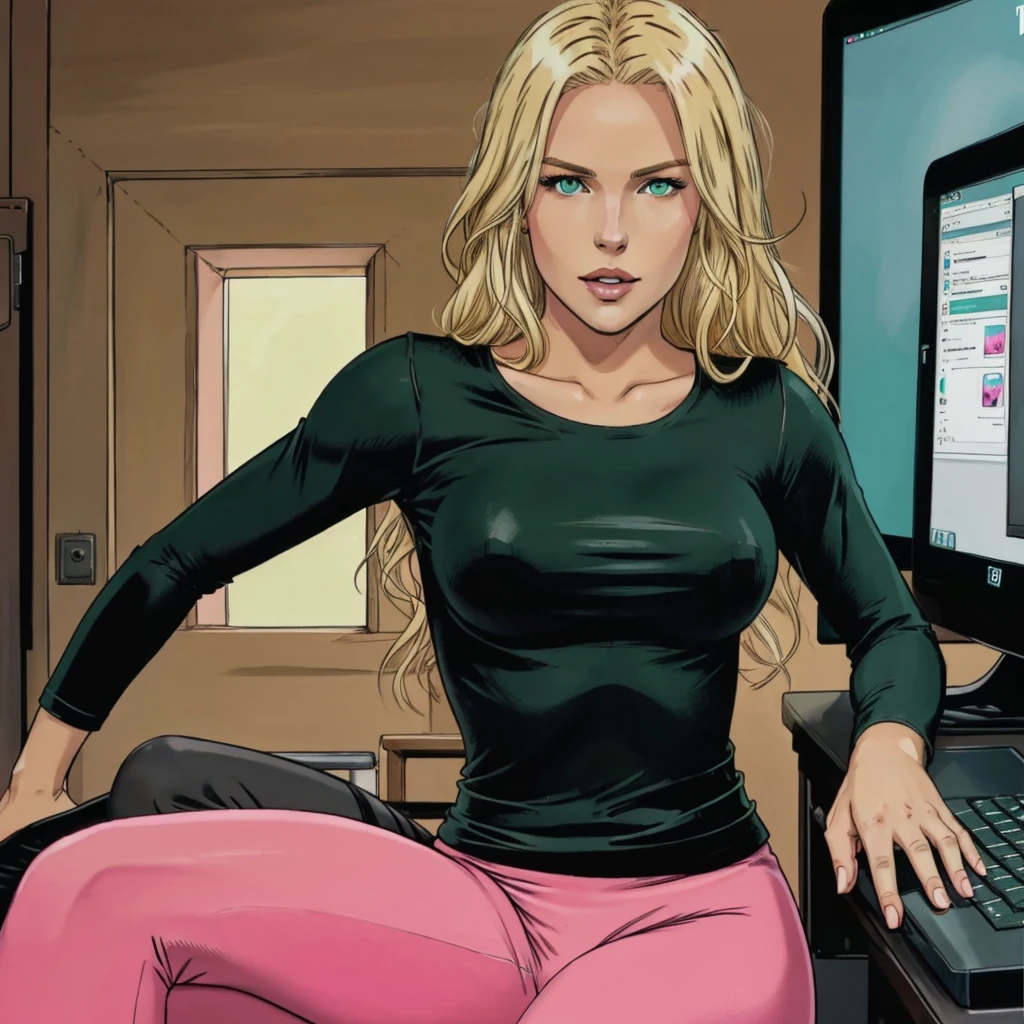 one person, y female blond character, green eyes, pink long-sleeve T-shirt, black leggings, playing on computer