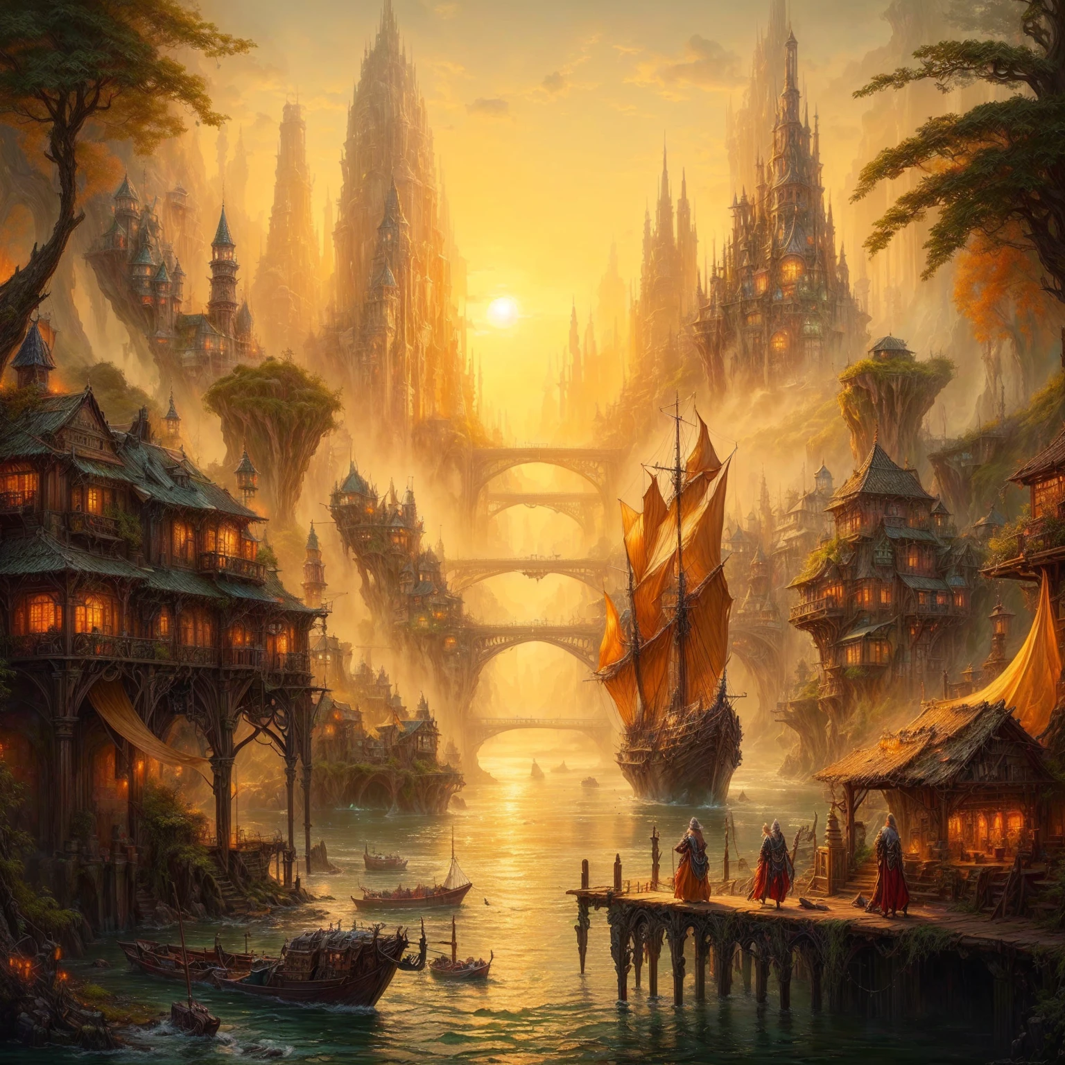 painting of a fantasy city with a bridge and a boat in the water, 4k fantasy art, beautiful art uhd 4 k, symmetrical epic fantasy art, 4k highly detailed digital art, 8k fantasy art, fantasy painting hd, fantasy cityscape, detailed fantasy digital art, 8k stunning artwork, fantasy city, hd fantasy art, detailed fantasy art