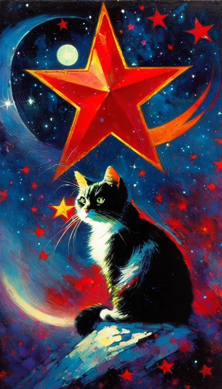 1communist cat, red star, magic, fantastic, night sky, moon, stars, background, (art inspired in Bill Sienkiewicz). oil painting)