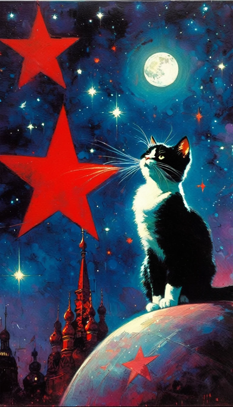 1communist cat, red star, magic, fantastic, night sky, moon, stars, background, (art inspired in Bill Sienkiewicz). oil painting)