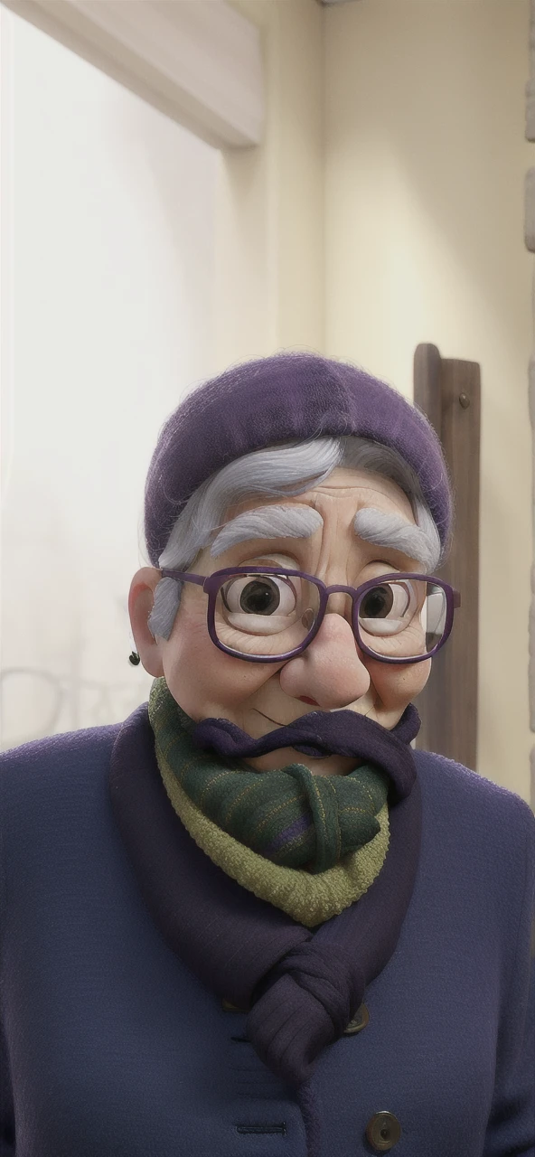 masterpiece, best quality, an old woman with glasses and a scarf on, wearing a purple coat and green scarf, standing at the park
