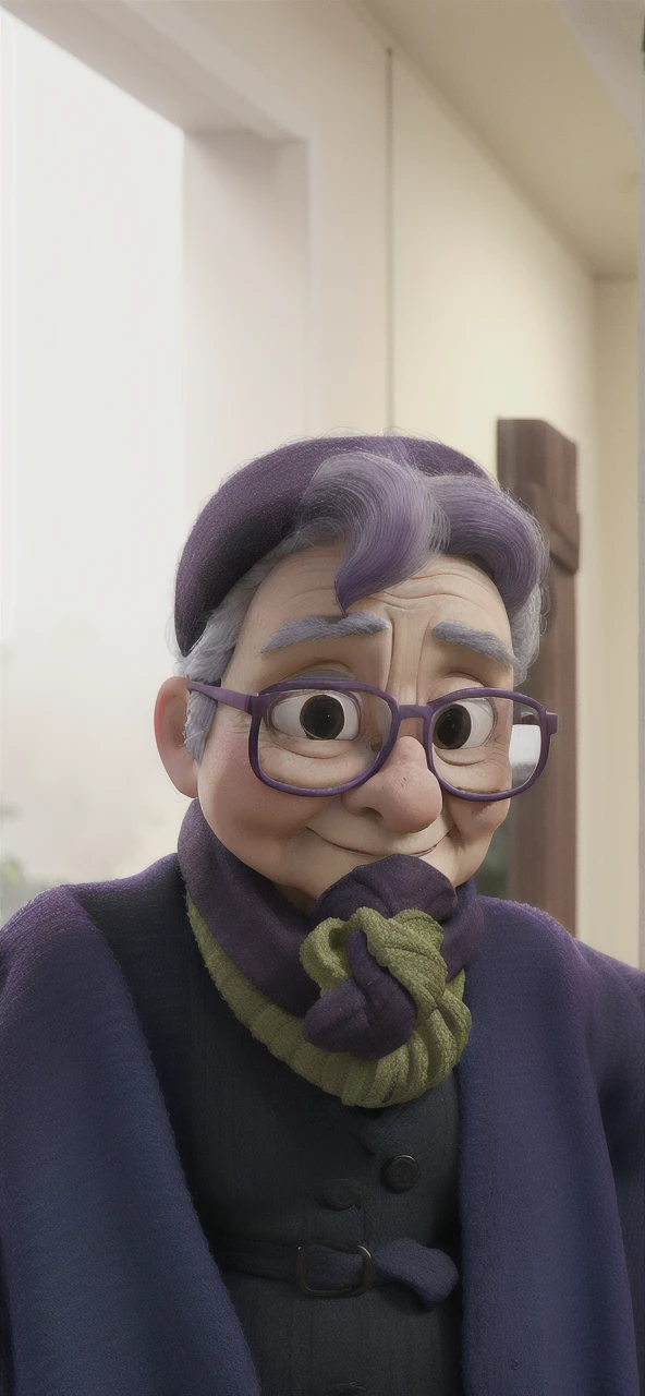 masterpiece, best quality, an old woman with glasses and a scarf on, wearing a purple coat and green scarf, standing at the park