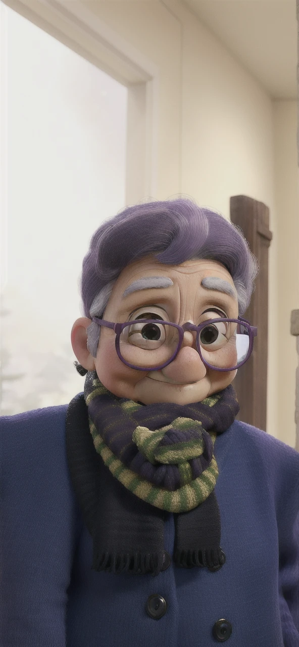 masterpiece, best quality, an old woman with glasses and a scarf on, wearing a purple coat and green scarf, standing at the park