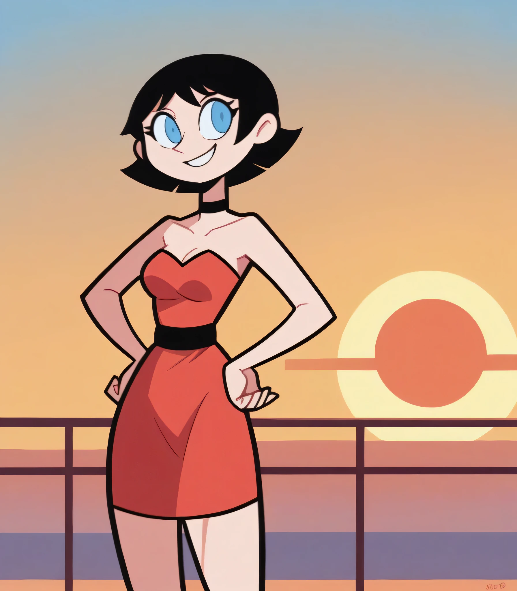 score_9, score_8_up, score_7_up, BREAK, 1girl, ke4n3PPG, short hair, black hair, hair bob, blue eyes, hands on hips, tilted waist, strapless red tube dress, black chocker, a yellow sunset, smile, looking at viewers