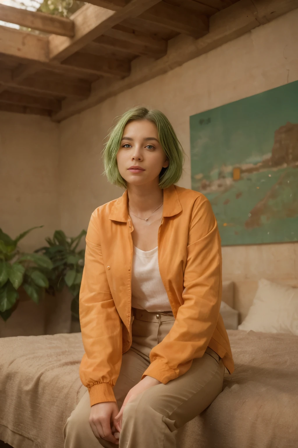 woman, green hair, short hair, brunette, Mediterranean skin, wearing an orange jacket and brown pants, sitting casually, medium shot, natural lighting, realistic photo, vibrant colors, primarily orange and green, modern indoor setting with reflective surfaces, best quality, masterpiece
