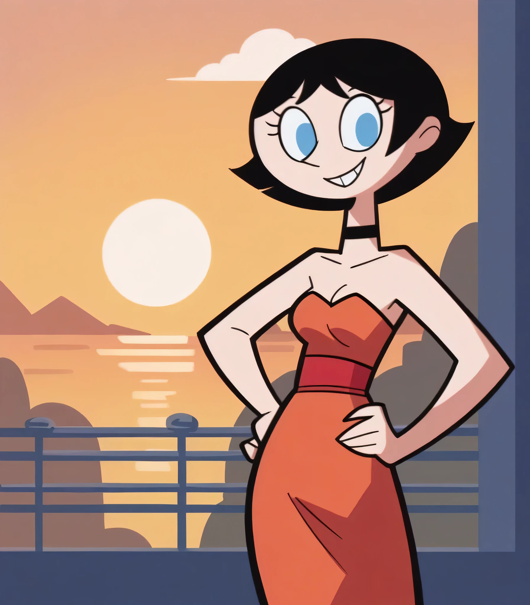 score_9, score_8_up, score_7_up, BREAK, 1girl, ke4n3PPG, short hair, black hair, hair bob, blue eyes, hands on hips, tilted waist, strapless red tube dress, black chocker, a yellow sunset, smile, looking at viewers