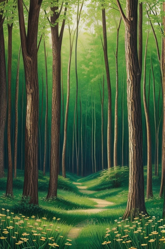 A drawing of a forest decorated with musical notes