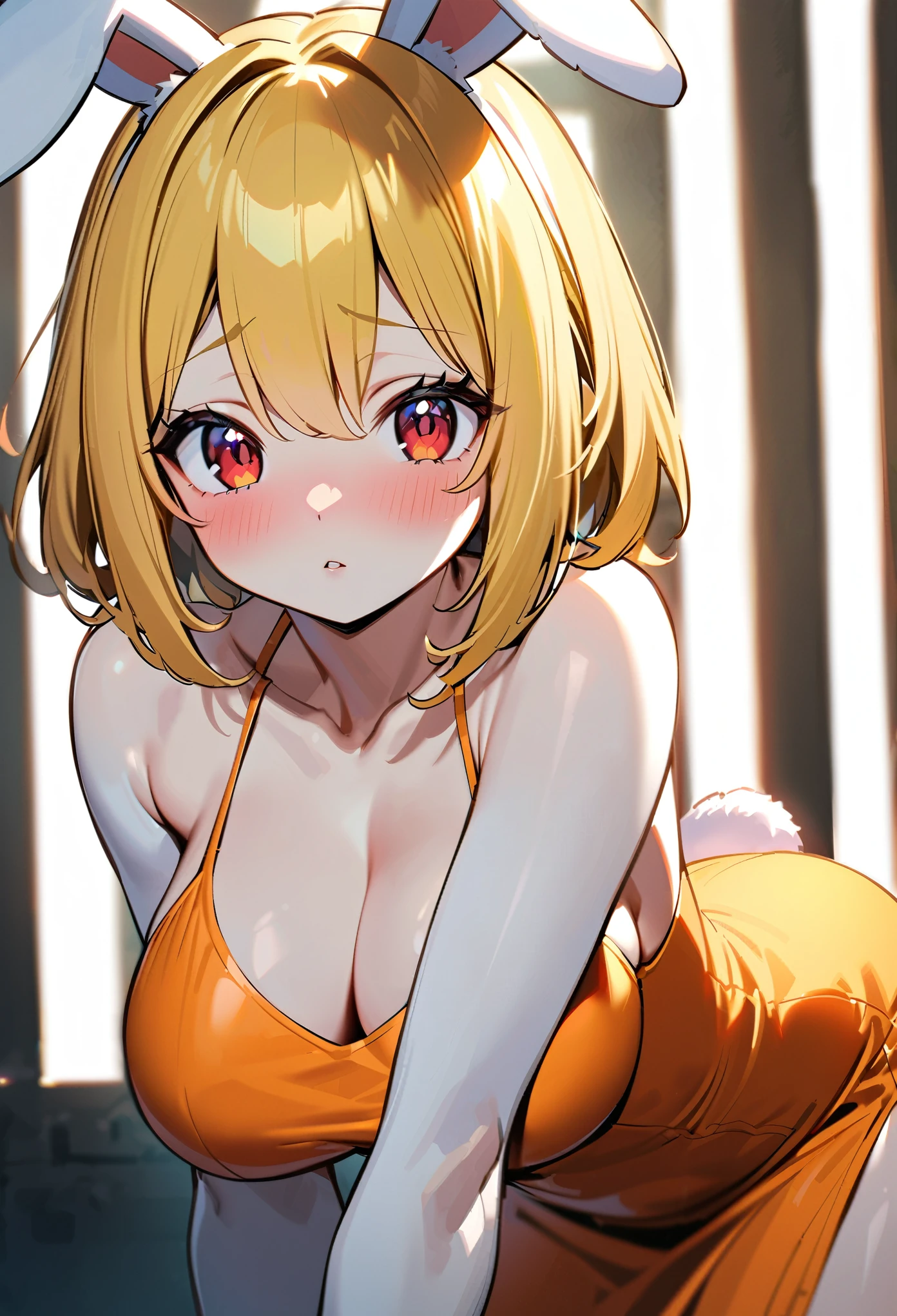 High quality, Natural Volumetric Lighting And Best Shadows, Deep Depth Of Field, Sharp Focus,1girl, Opcarrot, 1girl, blonde hair, large breasts, (rabbit face), short hair, red eyes, orange dress, rabbit ears, rabbit girl, white rabbit ears, white skin, furry, blushed, shy, looking_at_viewer, detailed eyes, side slit dress, orange dress, tight dress, shy pose,jail background, cell background,