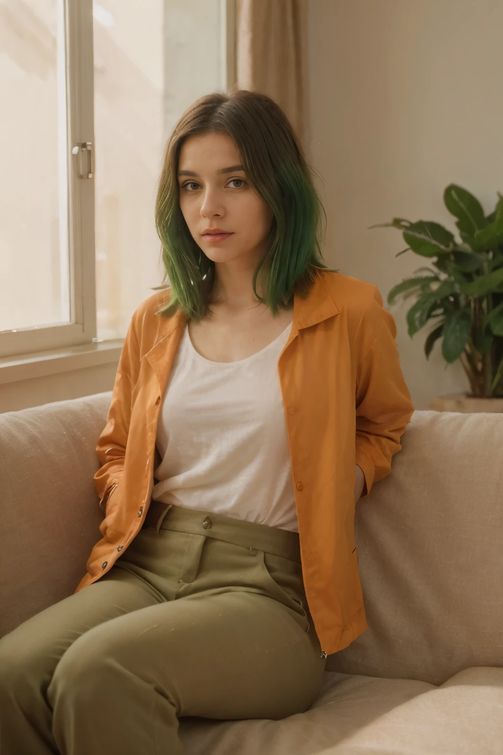 woman, green hair, short hair, brunette, Mediterranean skin, wearing an orange jacket and brown pants, sitting casually, medium shot, natural lighting, realistic photo, vibrant colors, primarily orange and green, modern indoor setting with reflective surfaces, best quality, masterpiece