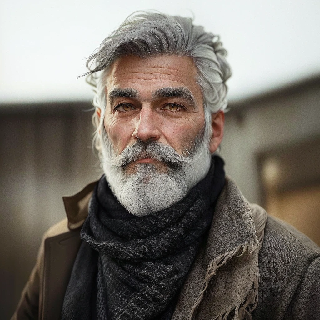 bushy man with beard and scarf, gray hair and beard, dark grey haired man, some grey hair in beard, short white beard, greybeard, silver hair and beard, he has a beard and graying hair, greybeard, well-groomed white beard and hair, white hair and beard, greybeard aparada, midle age man