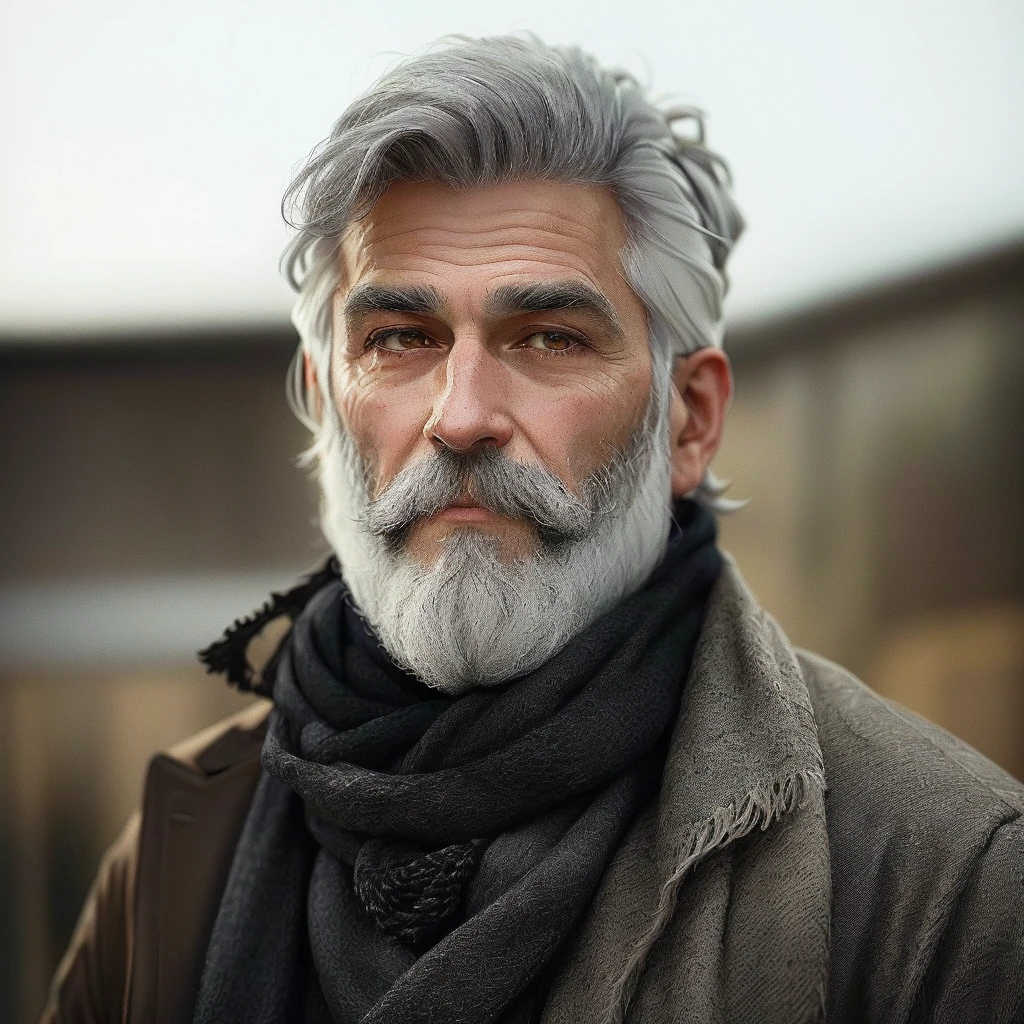 bushy man with beard and scarf, gray hair and beard, dark grey haired man, some grey hair in beard, short white beard, greybeard, silver hair and beard, he has a beard and graying hair, greybeard, well-groomed white beard and hair, white hair and beard, greybeard aparada, midle age man
