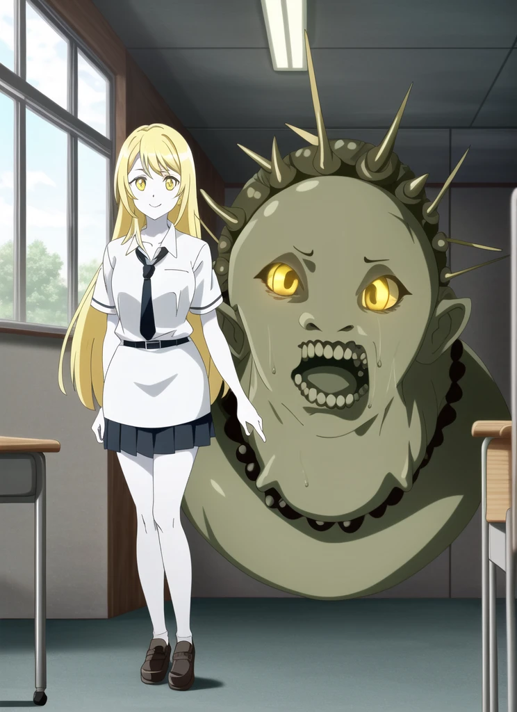 ((1girl ,20s,mature female,)),happy face,white shirt,short sleeves,(black standard tie),white school skirt,blonde hair,long hair, full body, classroom,shoggoth,glowing eyes, yellow colored eyes, (colored skin), (black colored skin),